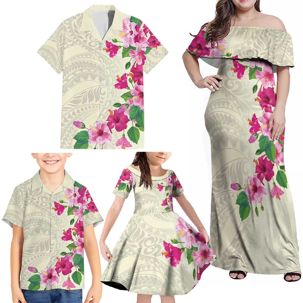 Hawaiian Hibiscus and Art Polynesian Tattoo Family Matching Off Shoulder Maxi Dress and Hawaiian Shirt Beige Color