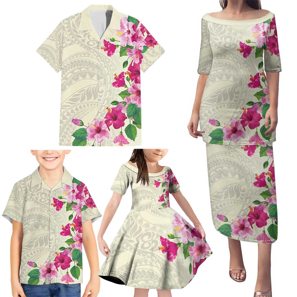 Hawaiian Hibiscus and Art Polynesian Tattoo Family Matching Puletasi and Hawaiian Shirt Beige Color