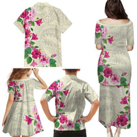 Hawaiian Hibiscus and Art Polynesian Tattoo Family Matching Puletasi and Hawaiian Shirt Beige Color