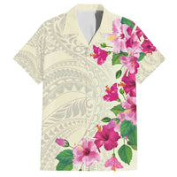 Hawaiian Hibiscus and Art Polynesian Tattoo Family Matching Puletasi and Hawaiian Shirt Beige Color