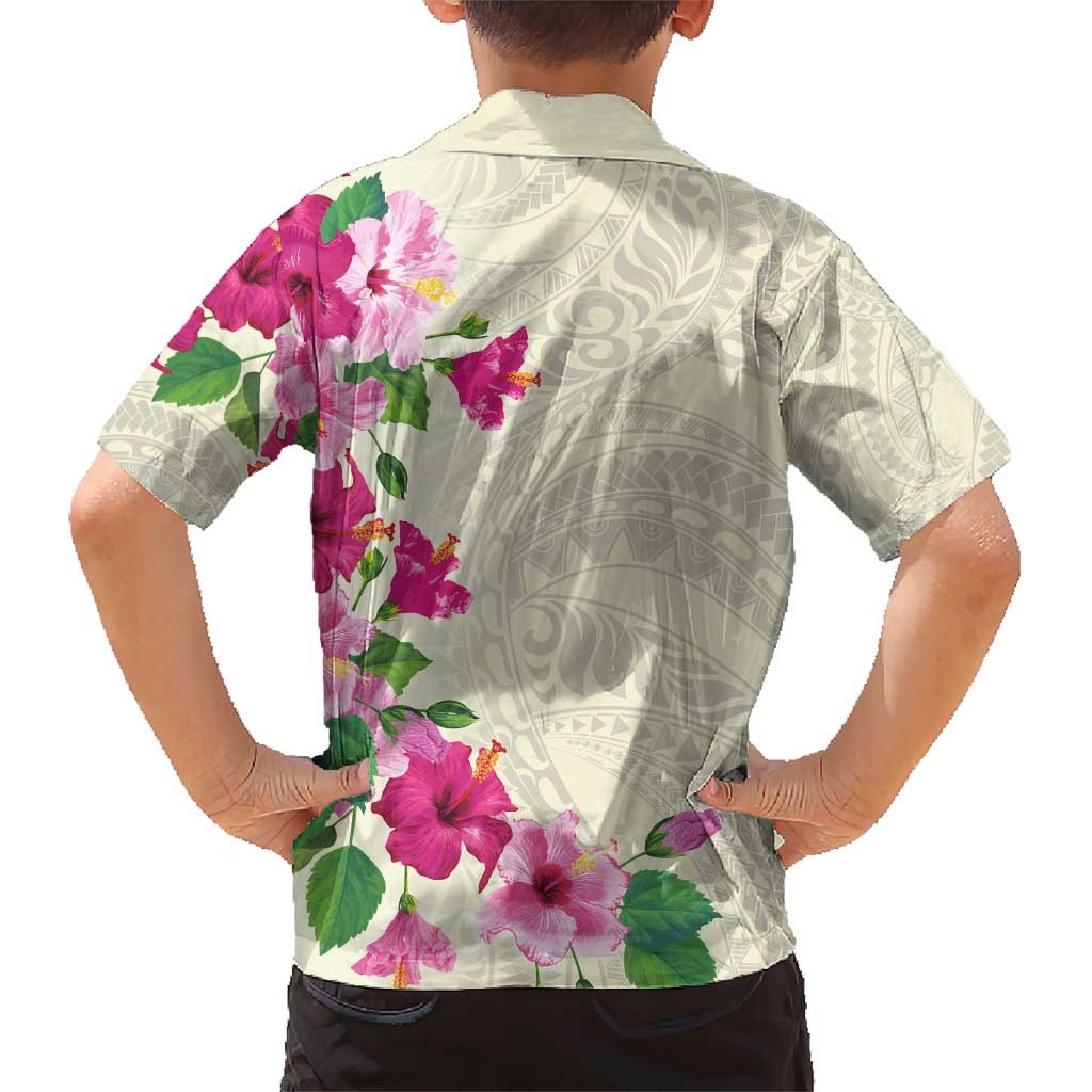 Hawaiian Hibiscus and Art Polynesian Tattoo Family Matching Short Sleeve Bodycon Dress and Hawaiian Shirt Beige Color