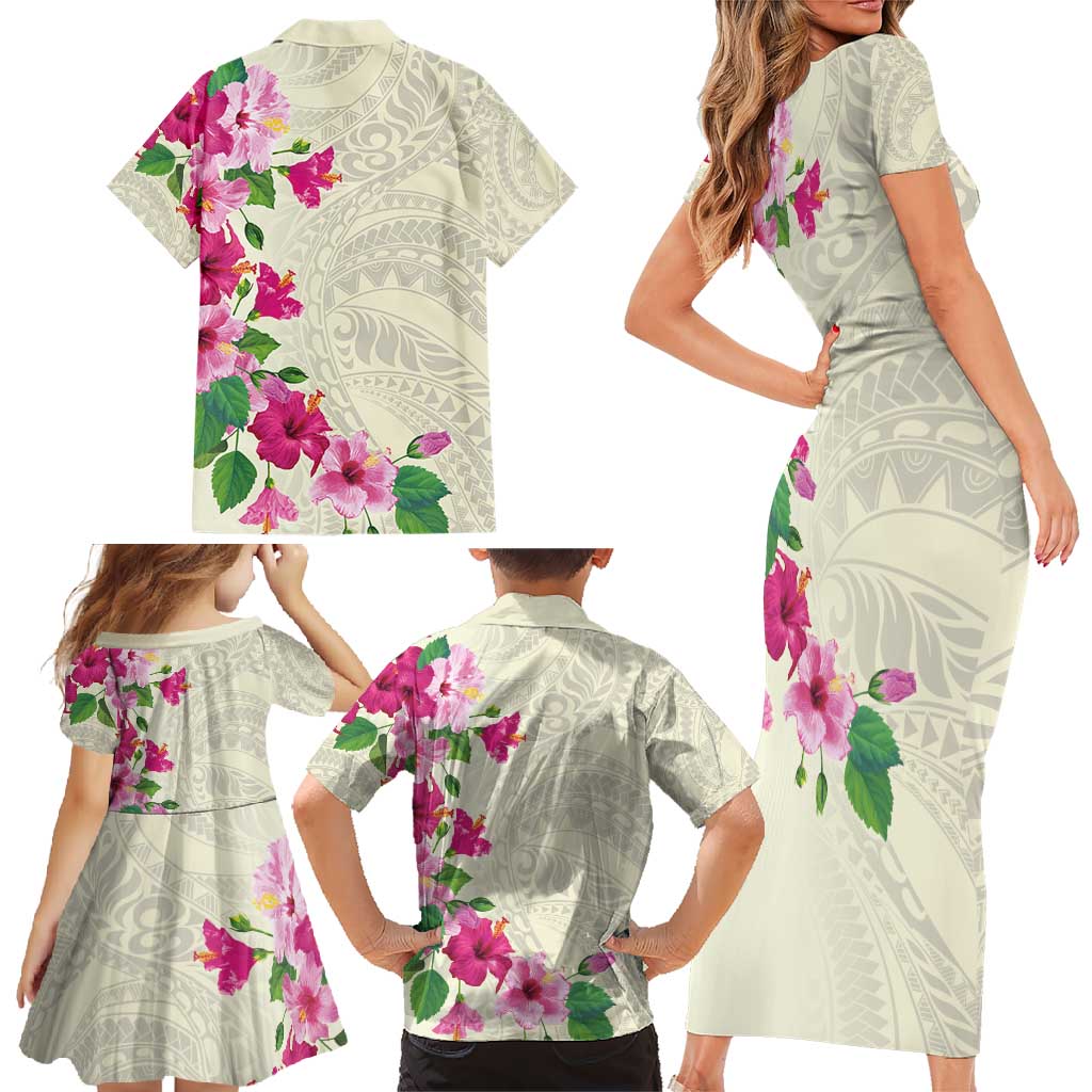 Hawaiian Hibiscus and Art Polynesian Tattoo Family Matching Short Sleeve Bodycon Dress and Hawaiian Shirt Beige Color