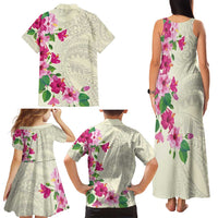 Hawaiian Hibiscus and Art Polynesian Tattoo Family Matching Tank Maxi Dress and Hawaiian Shirt Beige Color
