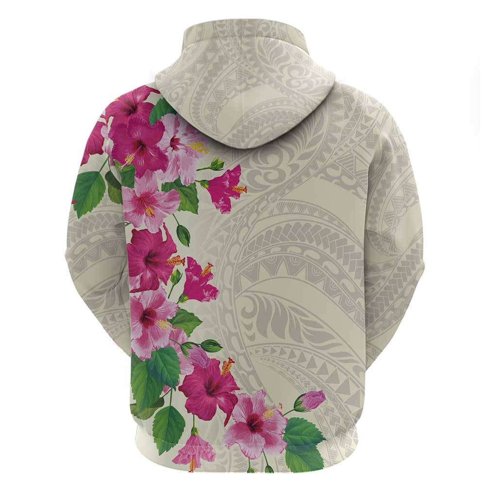 Hawaiian Hibiscus and Art Polynesian Tattoo Hoodie Beige Color