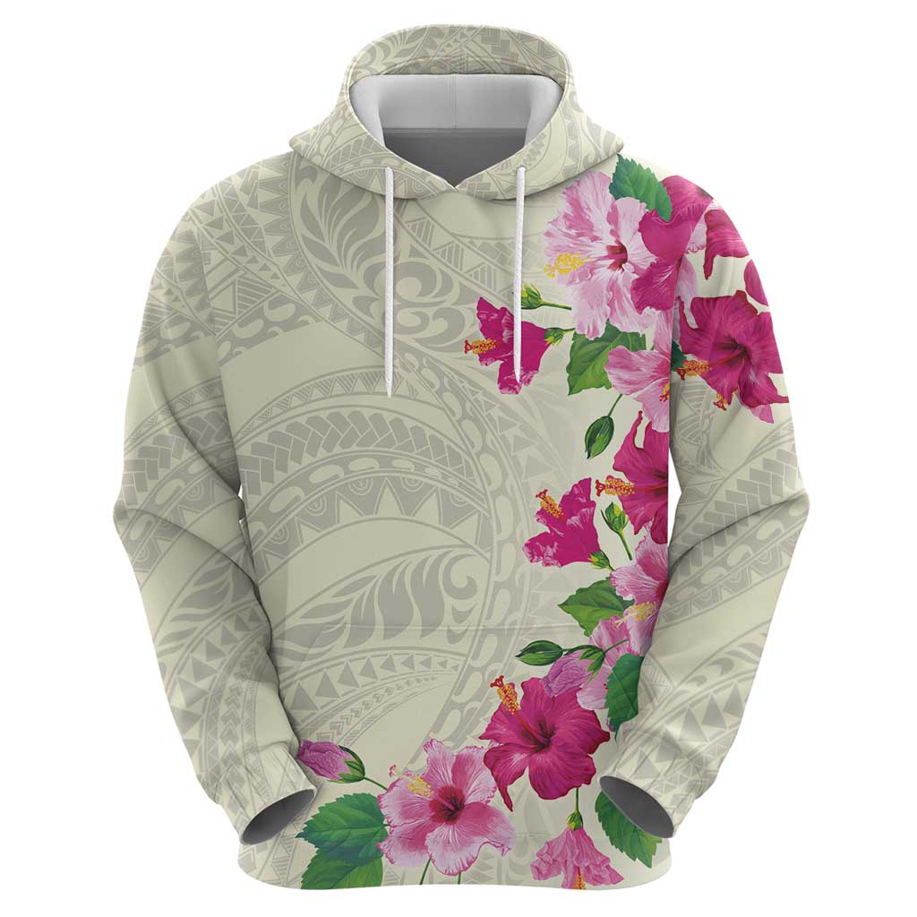 Hawaiian Hibiscus and Art Polynesian Tattoo Hoodie Beige Color