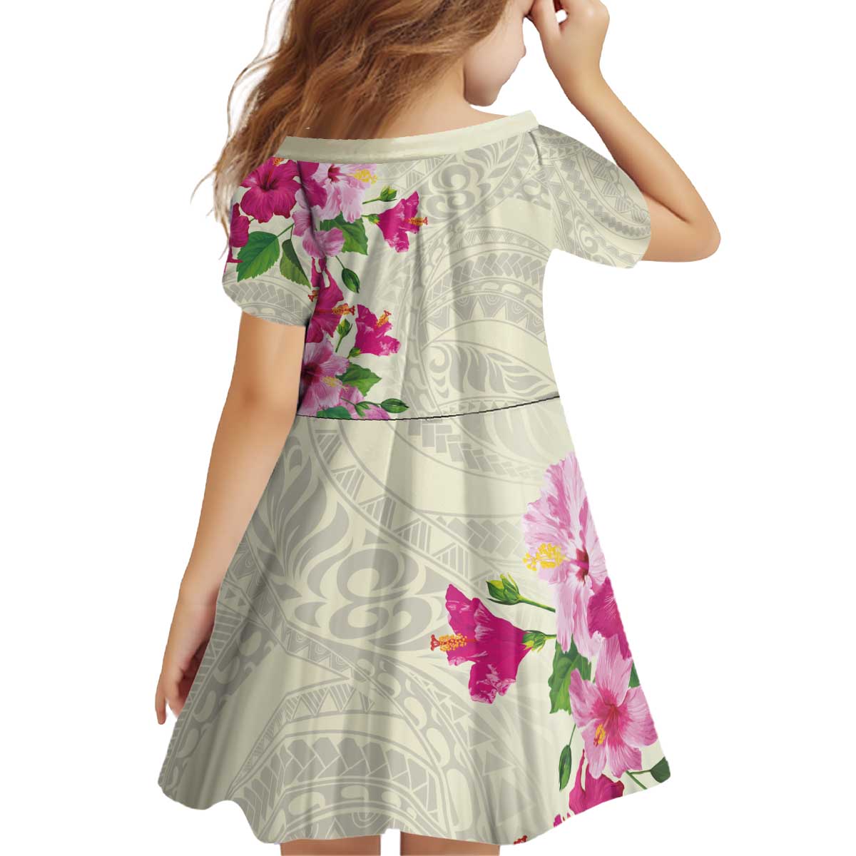 Hawaiian Hibiscus and Art Polynesian Tattoo Kid Short Sleeve Dress Beige Color