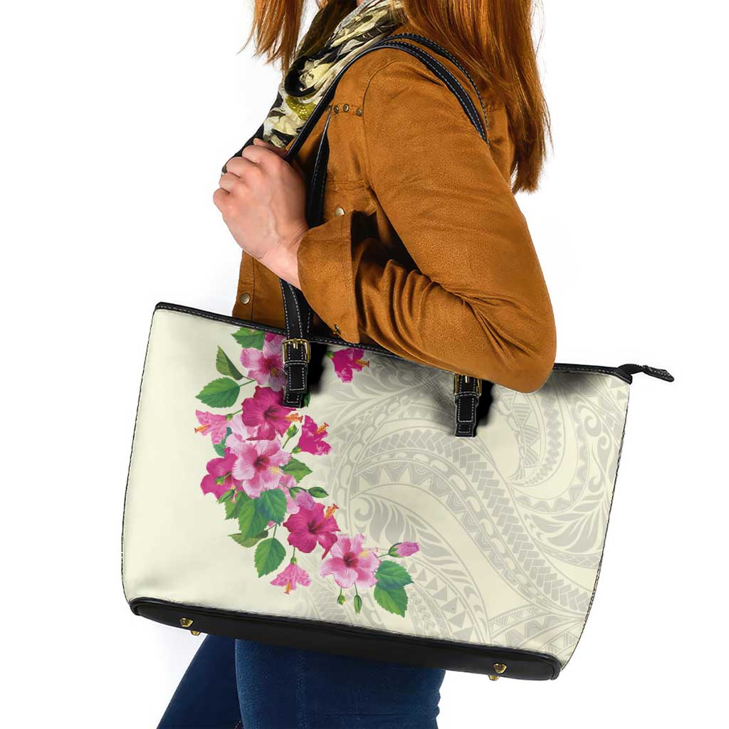 Hawaiian Hibiscus and Art Polynesian Tattoo Leather Tote Bag Beige Color