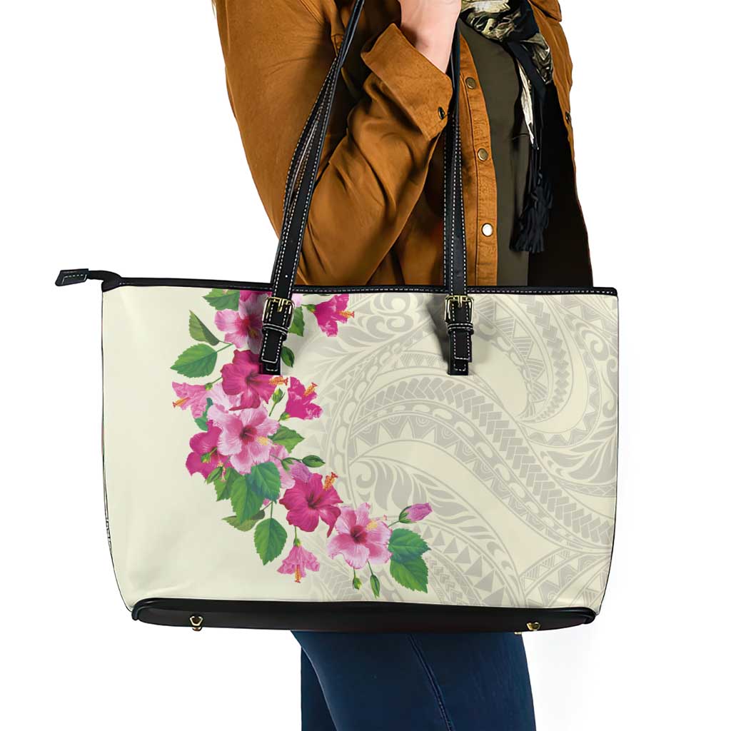 Hawaiian Hibiscus and Art Polynesian Tattoo Leather Tote Bag Beige Color