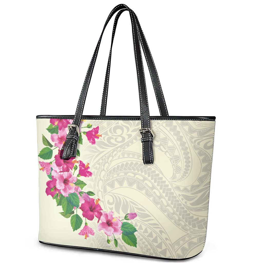 Hawaiian Hibiscus and Art Polynesian Tattoo Leather Tote Bag Beige Color