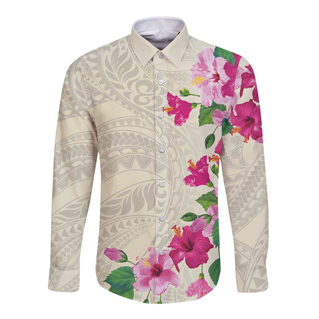 Hawaiian Hibiscus and Art Polynesian Tattoo Long Sleeve Button Shirt Beige Color