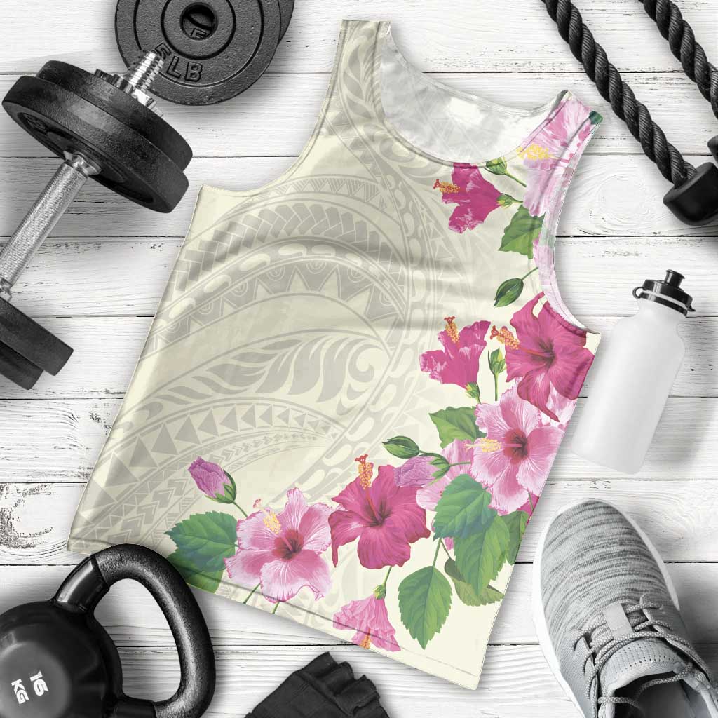 Hawaiian Hibiscus and Art Polynesian Tattoo Men Tank Top Beige Color