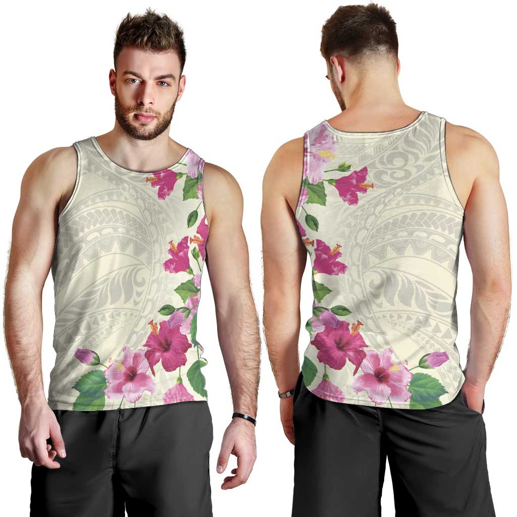 Hawaiian Hibiscus and Art Polynesian Tattoo Men Tank Top Beige Color