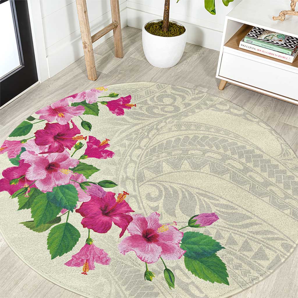 Hawaiian Hibiscus and Art Polynesian Tattoo Round Carpet Beige Color LT03 Beige - Polynesian Pride
