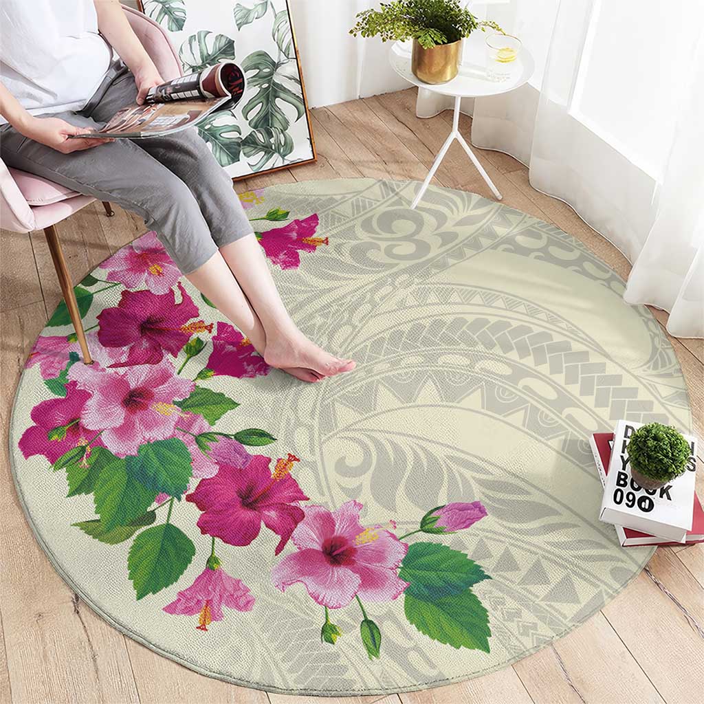 Hawaiian Hibiscus and Art Polynesian Tattoo Round Carpet Beige Color LT03 - Polynesian Pride