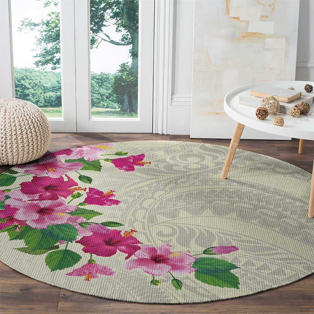Hawaiian Hibiscus and Art Polynesian Tattoo Round Carpet Beige Color LT03 - Polynesian Pride
