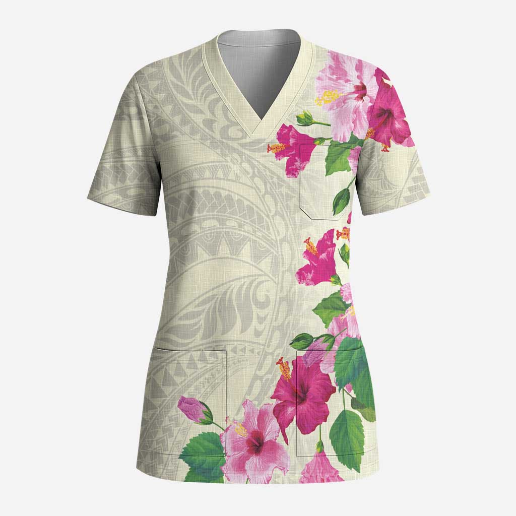 Hawaiian Hibiscus and Art Polynesian Tattoo Scrub Top Beige Color - Polynesian Pride