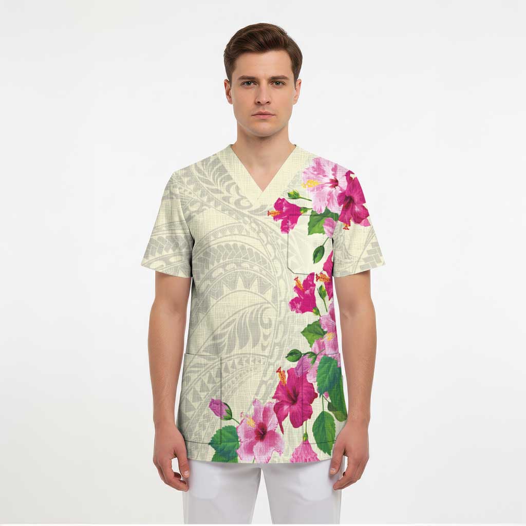 Hawaiian Hibiscus and Art Polynesian Tattoo Scrub Top Beige Color - Polynesian Pride