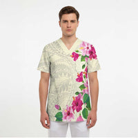 Hawaiian Hibiscus and Art Polynesian Tattoo Scrub Top Beige Color - Polynesian Pride