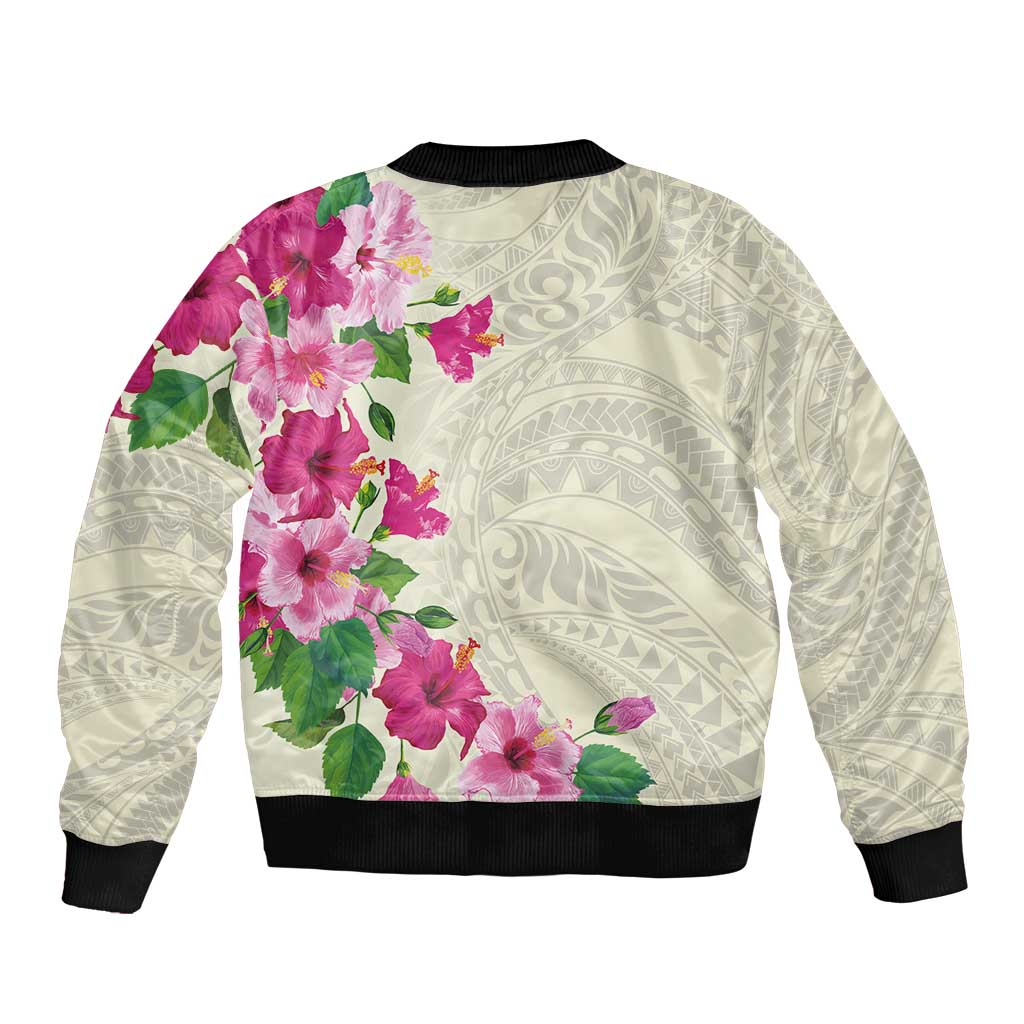 Hawaiian Hibiscus and Art Polynesian Tattoo Sleeve Zip Bomber Jacket Beige Color