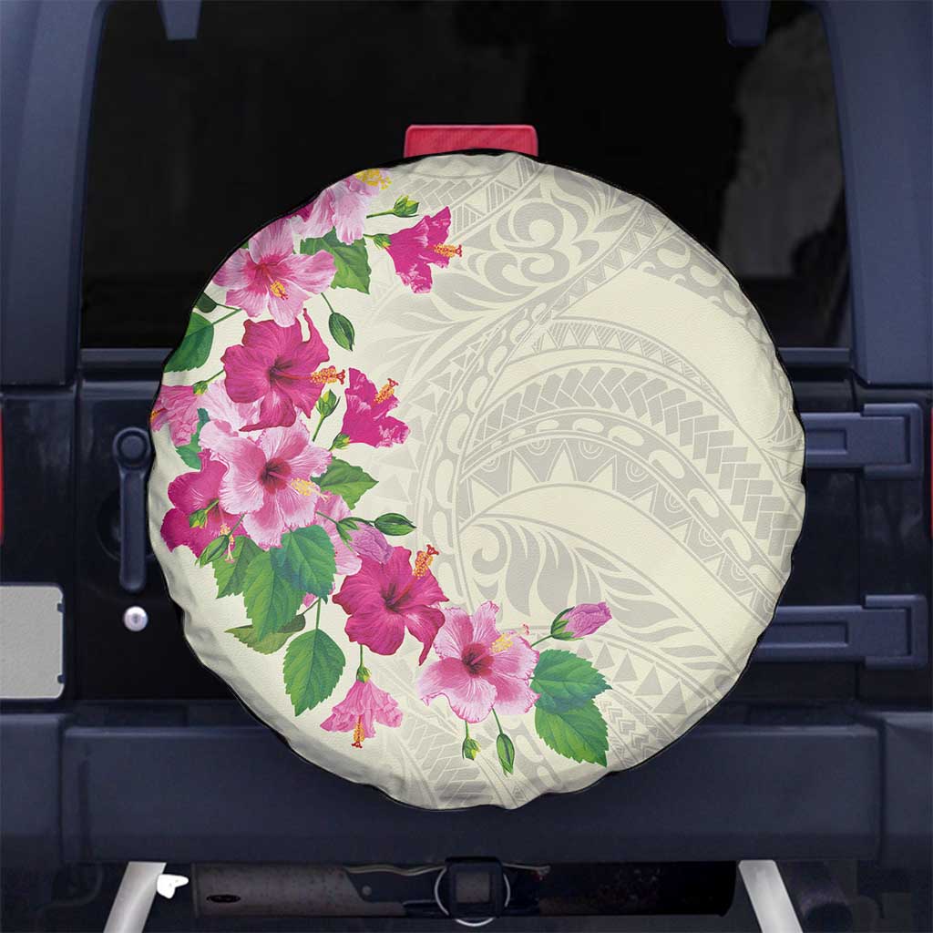 Hawaiian Hibiscus and Art Polynesian Tattoo Spare Tire Cover Beige Color