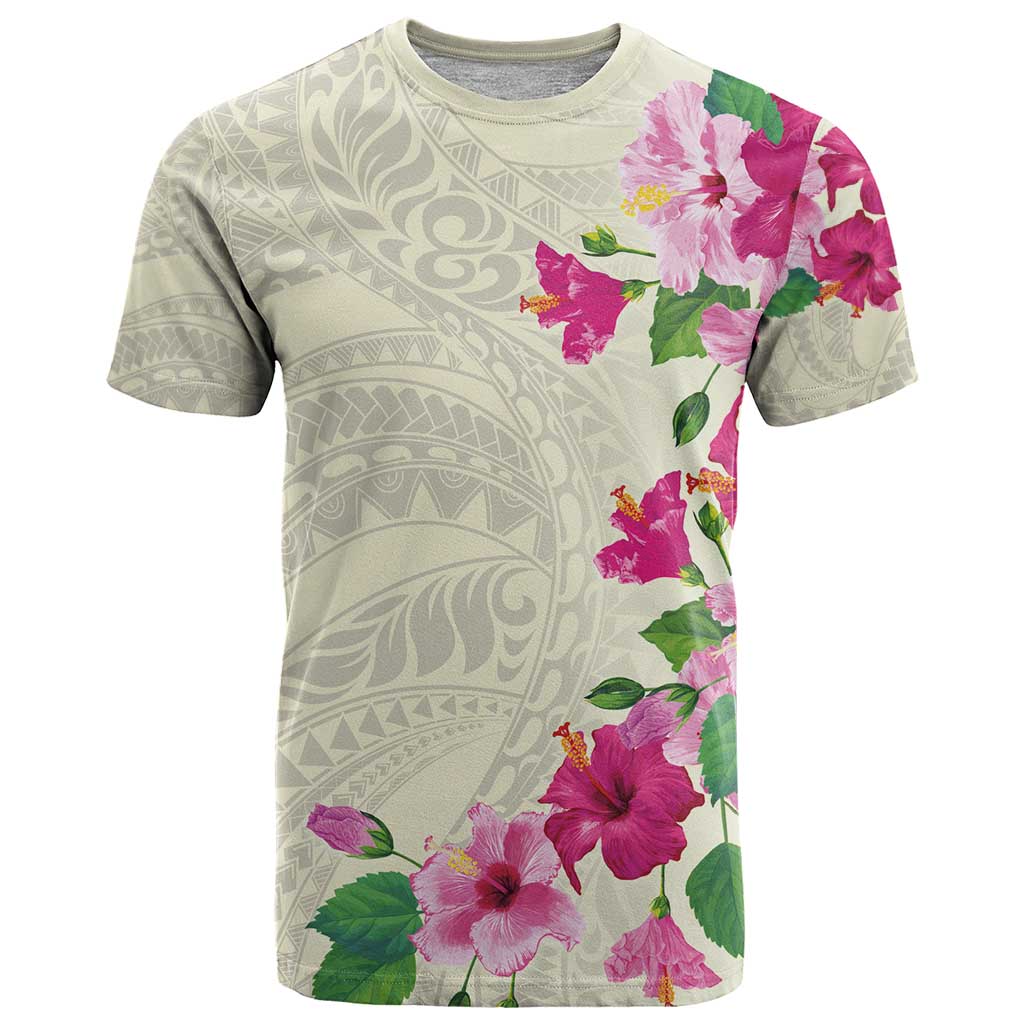Hawaiian Hibiscus and Art Polynesian Tattoo T Shirt Beige Color