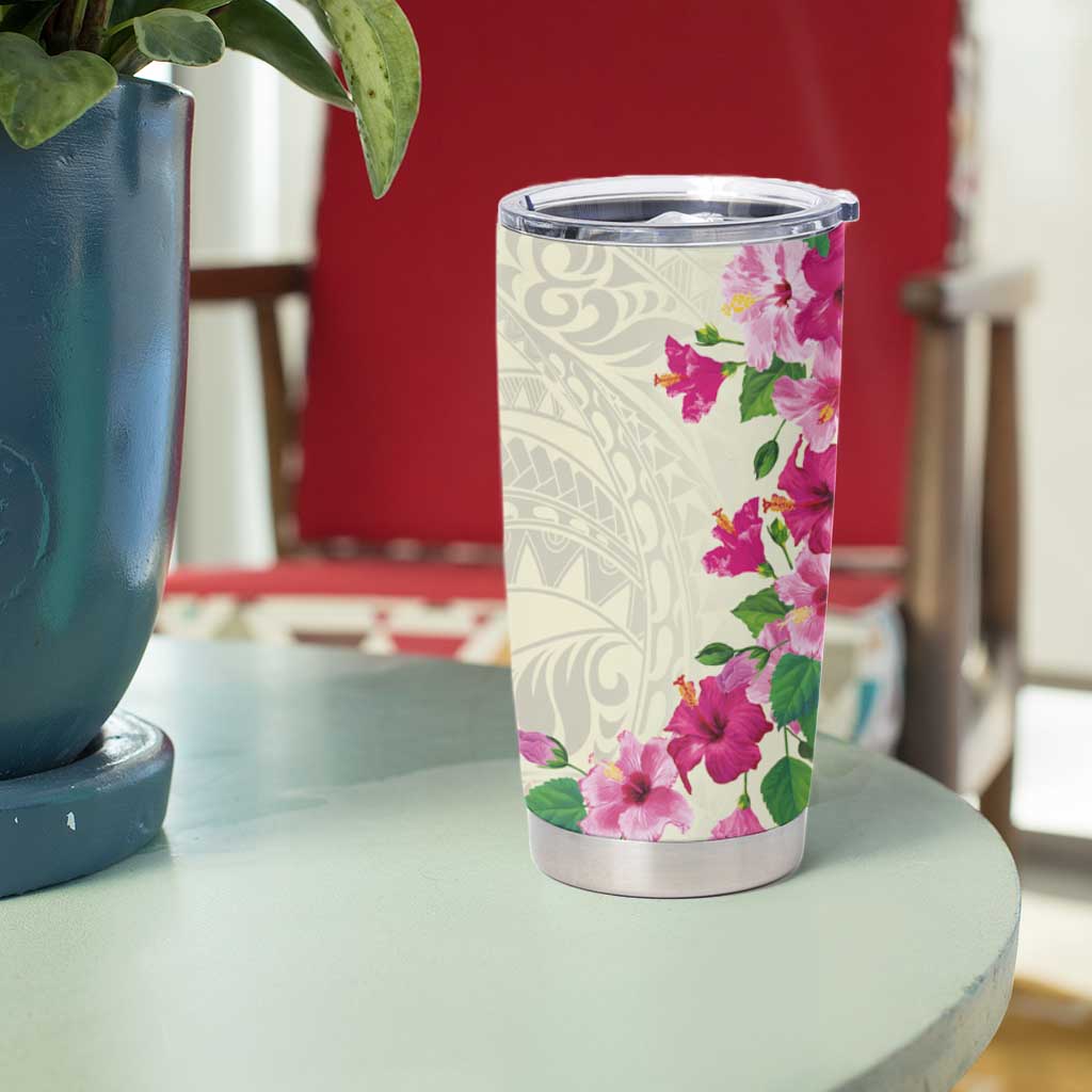 Hawaiian Hibiscus and Art Polynesian Tattoo Tumbler Cup Beige Color