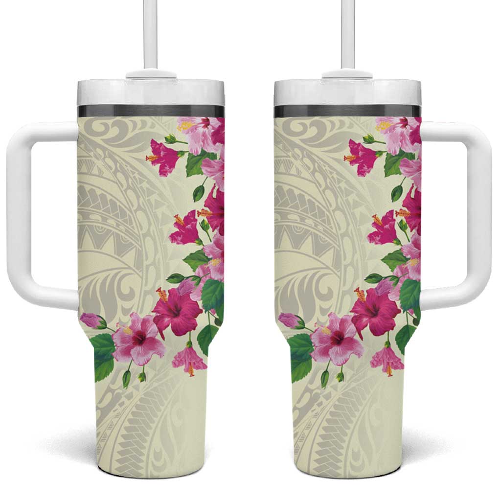 Hawaiian Hibiscus and Art Polynesian Tattoo Tumbler With Handle Beige Color
