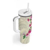 Hawaiian Hibiscus and Art Polynesian Tattoo Tumbler With Handle Beige Color