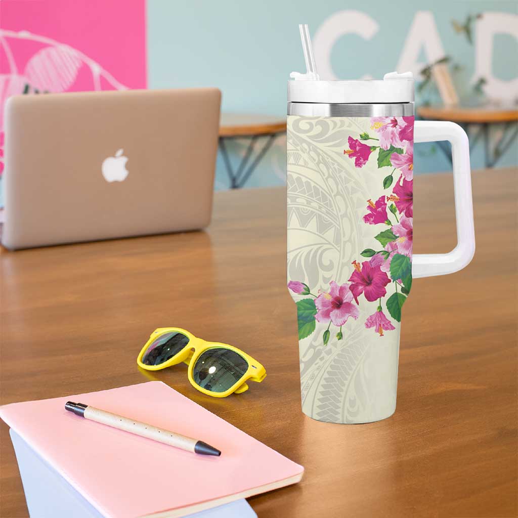 Hawaiian Hibiscus and Art Polynesian Tattoo Tumbler With Handle Beige Color