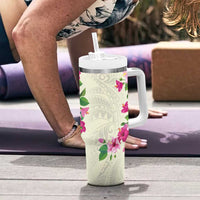Hawaiian Hibiscus and Art Polynesian Tattoo Tumbler With Handle Beige Color
