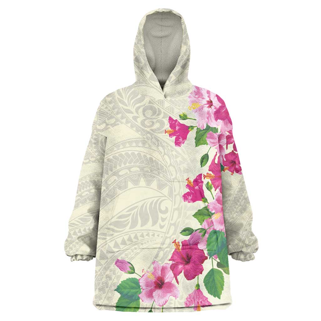 Hawaiian Hibiscus and Art Polynesian Tattoo Wearable Blanket Hoodie Beige Color