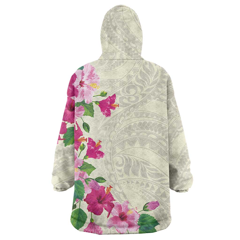 Hawaiian Hibiscus and Art Polynesian Tattoo Wearable Blanket Hoodie Beige Color