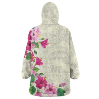 Hawaiian Hibiscus and Art Polynesian Tattoo Wearable Blanket Hoodie Beige Color