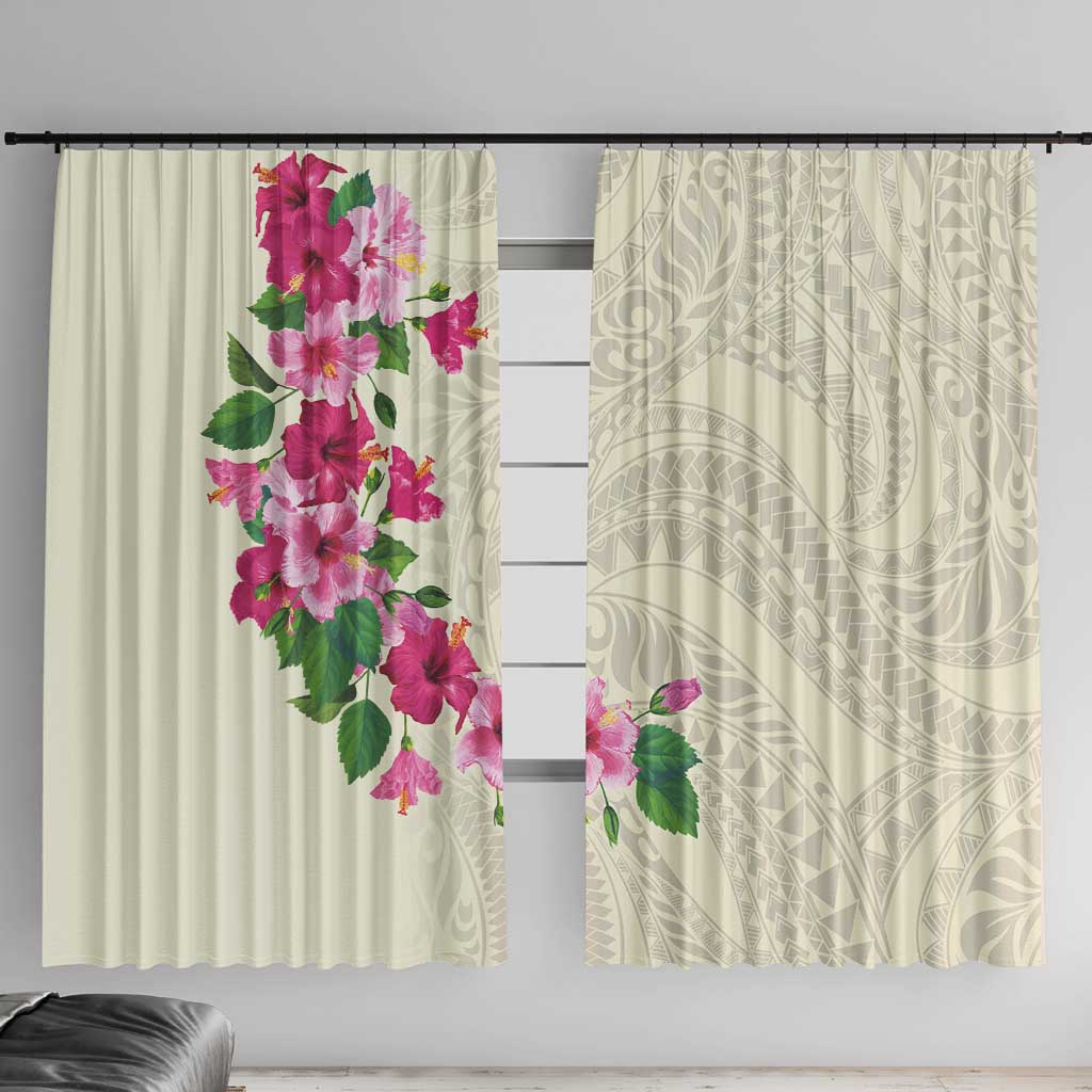 Hawaiian Hibiscus and Art Polynesian Tattoo Window Curtain Beige Color