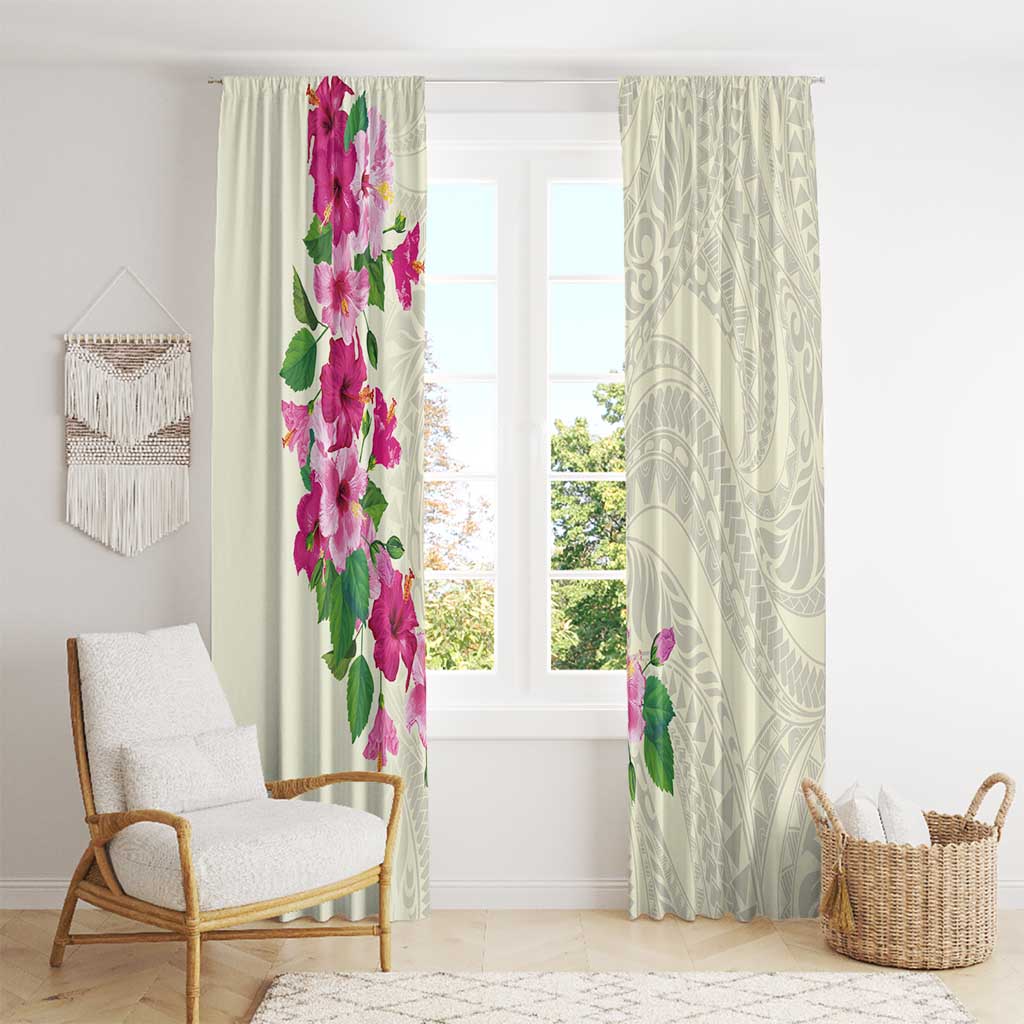 Hawaiian Hibiscus and Art Polynesian Tattoo Window Curtain Beige Color