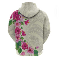 Hawaiian Hibiscus and Art Polynesian Tattoo Zip Hoodie Beige Color