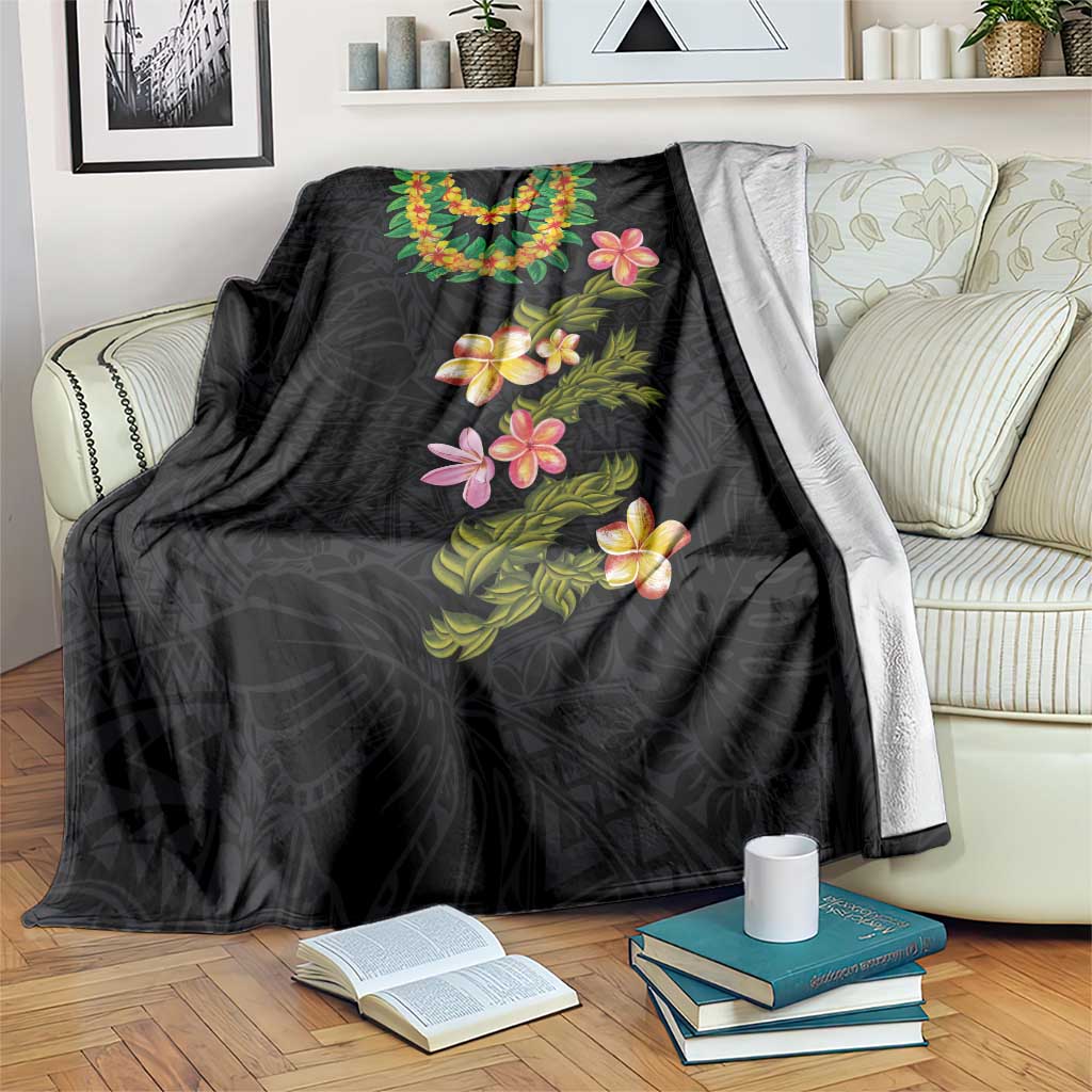 Hawaiian Lei Plumeria and Tropical Leaves Blanket Watercolor Style LT03 Black - Polynesian Pride