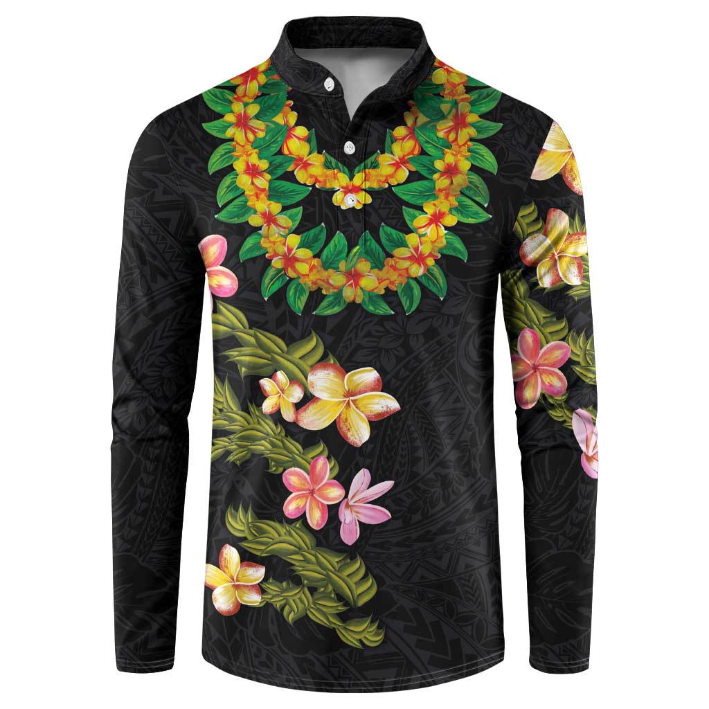 Hawaiian Lei Plumeria and Tropical Leaves Button Sweatshirt Watercolor Style LT03 Black - Polynesian Pride