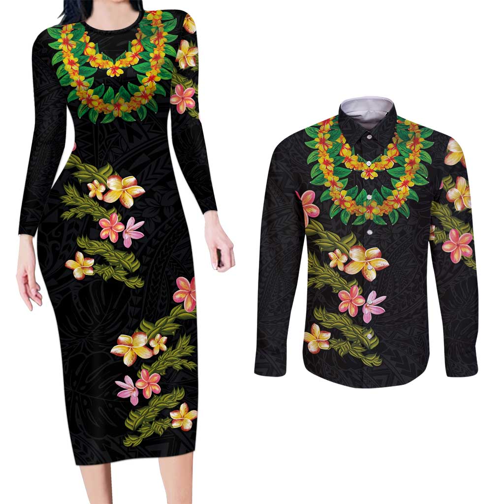 Hawaiian Lei Plumeria and Tropical Leaves Couples Matching Long Sleeve Bodycon Dress and Long Sleeve Button Shirt Watercolor Style