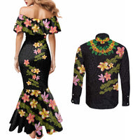 Hawaiian Lei Plumeria and Tropical Leaves Couples Matching Mermaid Dress and Long Sleeve Button Shirt Watercolor Style