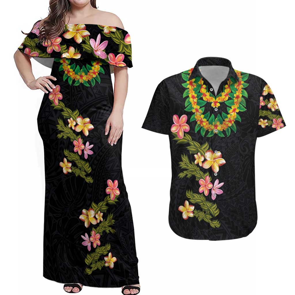 Hawaiian Lei Plumeria and Tropical Leaves Couples Matching Off Shoulder Maxi Dress and Hawaiian Shirt Watercolor Style