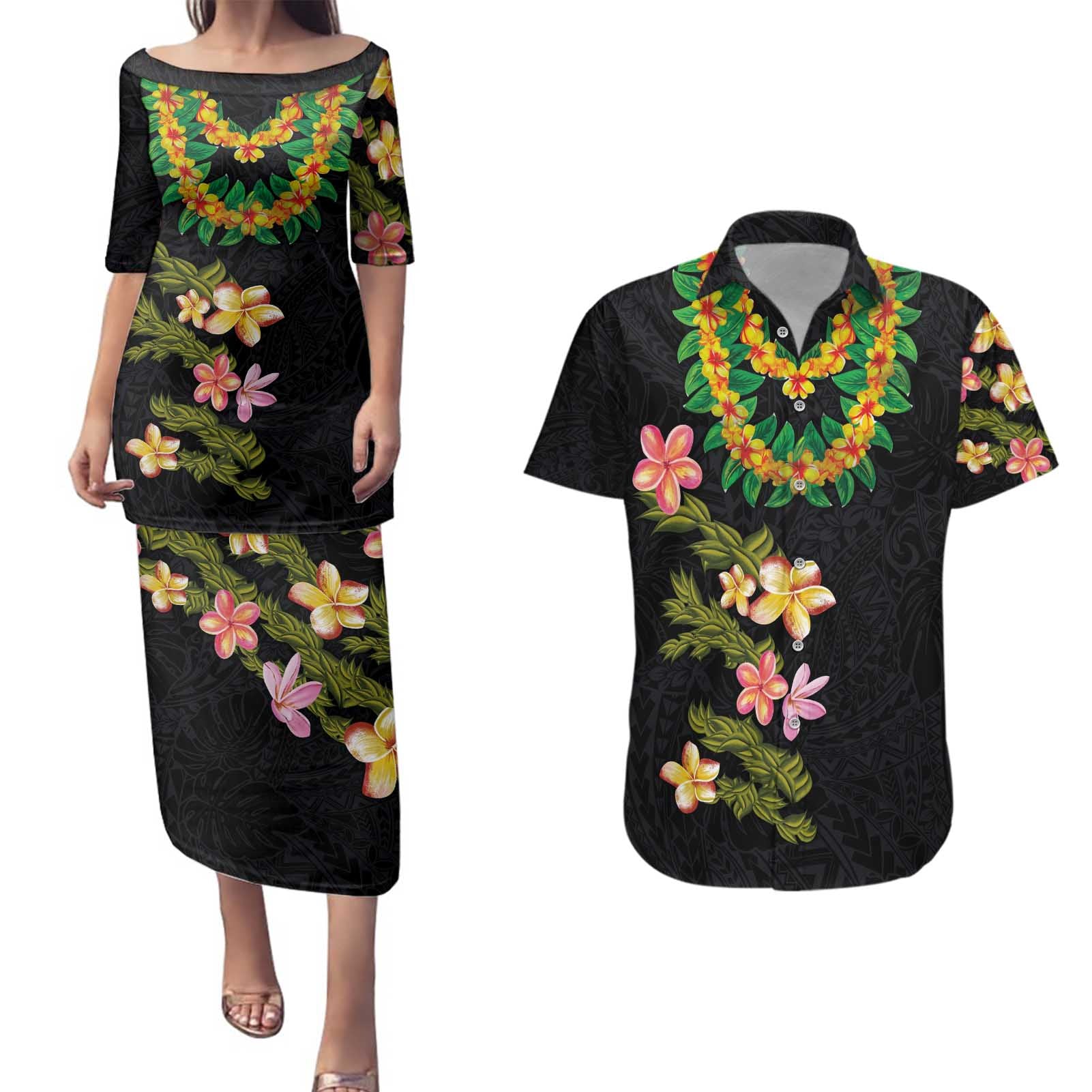 Hawaiian Lei Plumeria and Tropical Leaves Couples Matching Puletasi and Hawaiian Shirt Watercolor Style