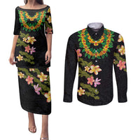 Hawaiian Lei Plumeria and Tropical Leaves Couples Matching Puletasi and Long Sleeve Button Shirt Watercolor Style