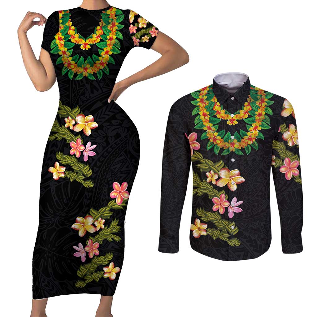 Hawaiian Lei Plumeria and Tropical Leaves Couples Matching Short Sleeve Bodycon Dress and Long Sleeve Button Shirt Watercolor Style