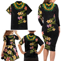 Hawaiian Lei Plumeria and Tropical Leaves Family Matching Long Sleeve Bodycon Dress and Hawaiian Shirt Watercolor Style
