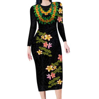 Hawaiian Lei Plumeria and Tropical Leaves Family Matching Long Sleeve Bodycon Dress and Hawaiian Shirt Watercolor Style