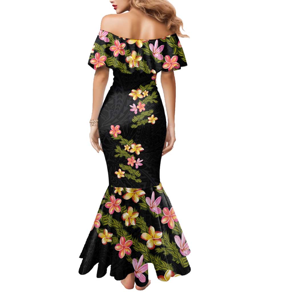 Hawaiian Lei Plumeria and Tropical Leaves Family Matching Mermaid Dress and Hawaiian Shirt Watercolor Style