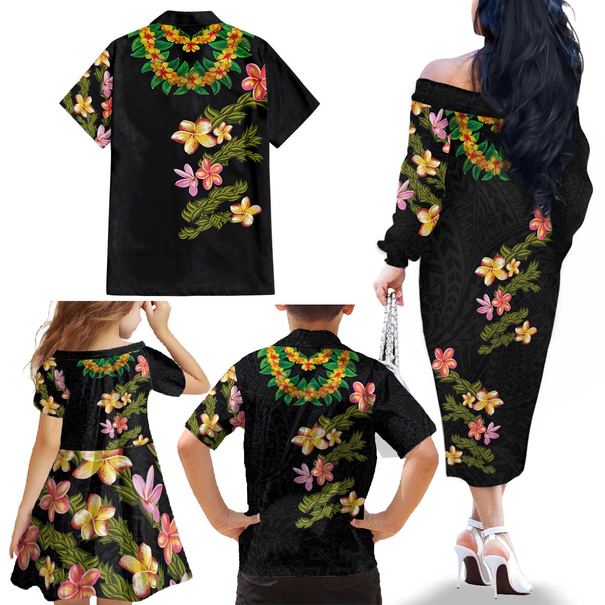 Hawaiian Lei Plumeria and Tropical Leaves Family Matching Off The Shoulder Long Sleeve Dress and Hawaiian Shirt Watercolor Style