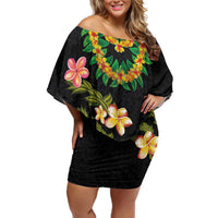 Hawaiian Lei Plumeria and Tropical Leaves Family Matching Off Shoulder Short Dress and Hawaiian Shirt Watercolor Style
