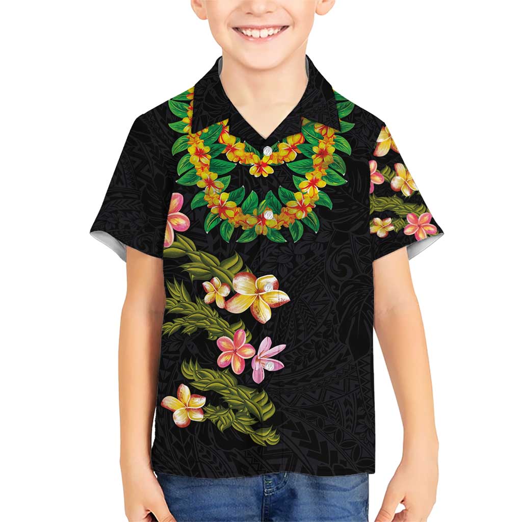 Hawaiian Lei Plumeria and Tropical Leaves Kid Hawaiian Shirt Watercolor Style LT03 Kid Black - Polynesian Pride